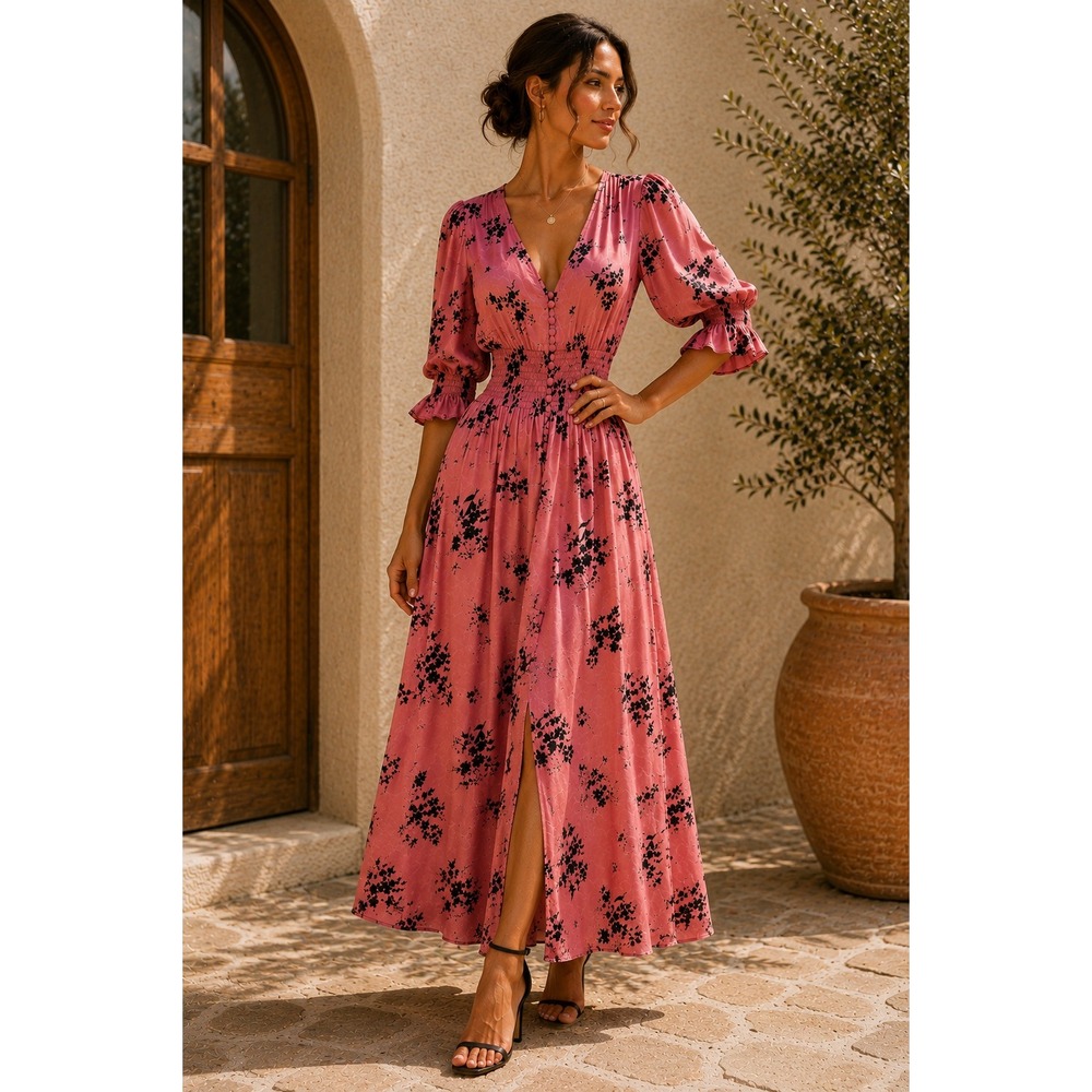 Ghost London Pink Black Floral Viscose Maxi Dress XS Smocked Waist Romantic